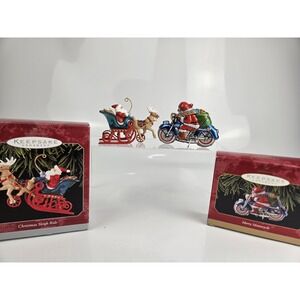 Set Of 2 Hallmark Traveling Santa Ornaments 1998 1999 Motorcycle Sleigh Vintage